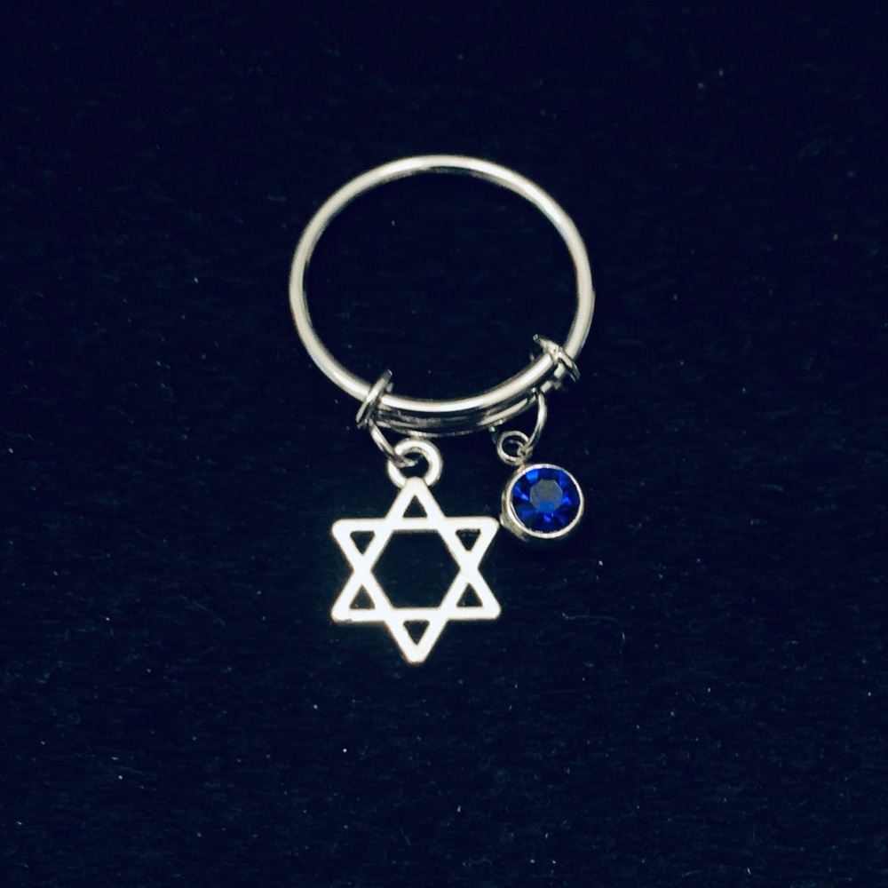 Star of David charm dangle ring with birthstone/rhinestone charm